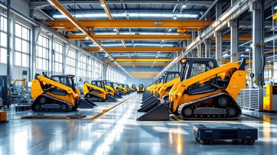Yellow compact track loaders on an assembly line in a heavy equipment factory