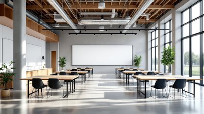 An empty AI innovation lab studio with blank whiteboards, worktables and tall windows