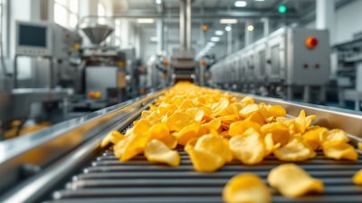 Golden potato chips moving along a stainless steel production line in a food factory