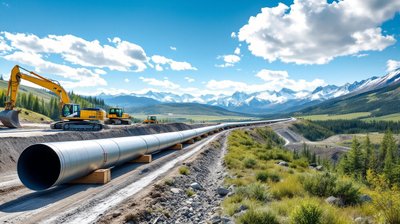 Large steel pipeline sections on wooden skids beside a construction corridor below snow-capped mountains