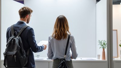 Two job seekers seen from behind at a recruiter's stand at a career fair, one holding a CV