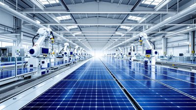 Robotic arms and conveyor lines carrying blue solar panels in an automated module factory