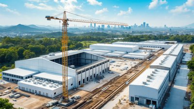 Aerial view of a data centre campus under construction with a tower crane and white data halls