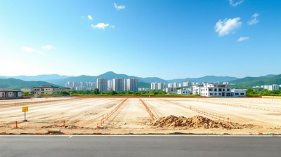 A cleared and staked housing development site with apartment towers and green hills behind
