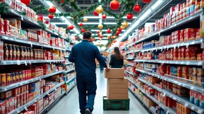 A store worker seen from behind stocking festive food on supermarket shelves decorated for Christmas