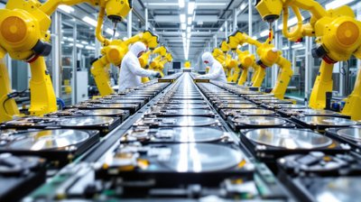 Technicians in cleanroom suits at the far end of a hard disk drive assembly line with robotic arms