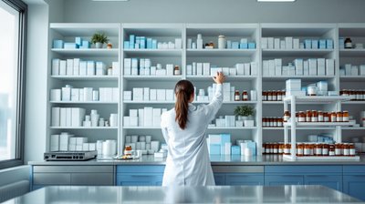 A pharmacist seen from behind reaching for medicine boxes on white hospital pharmacy shelves