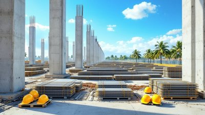 A large construction site in Malaysia with concrete columns, steel stacks and yellow hard hats