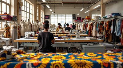 Tailors seen from behind working at sewing machines in a bright fashion production studio