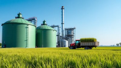 Green compressed biogas tanks beside a tractor carrying grass across a farm field