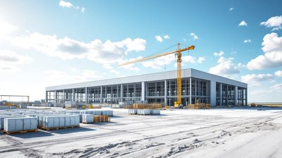 A large data center building under construction with a tower crane and equipment on a cleared site