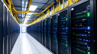 A server room corridor with rows of racks, blinking status lights and cables in overhead trays