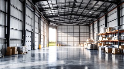 A large new warehouse interior with steel racking, pallets of boxes and open loading bays facing green fields
