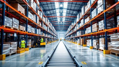 A logistics warehouse aisle with tall pallet racking, a roller conveyor and workers in hi-vis vests far away