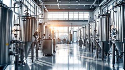 Rows of polished stainless steel fermentation tanks in a bright biotech production hall