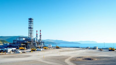 A seaside brownfield industrial site with a process tower and yellow excavators under a blue sky
