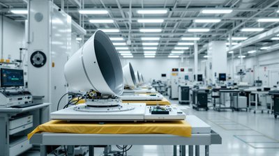 A radar seeker assembly on a padded fixture in a bright defense electronics cleanroom