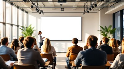 Adult professionals seen from behind attending a workshop in a bright training room