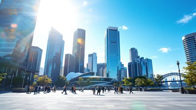 Sydney office towers over a sunlit plaza with commuters walking far away