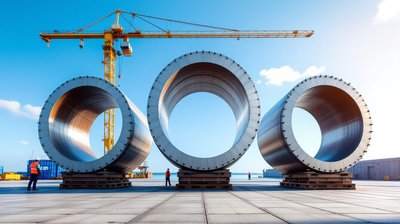 Large ring-shaped steel hull sections on blocks at a sunny shipyard with a crane and welders far away
