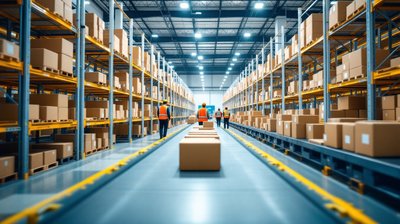 A bright fulfillment center aisle with tall racks of parcels, a conveyor and workers in safety vests far away