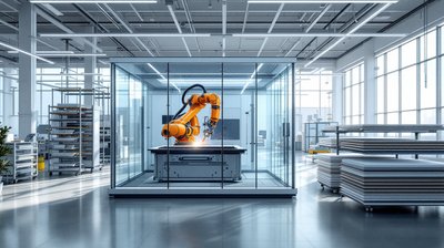 An orange robotic welding arm inside a glass work cell in a bright advanced manufacturing centre