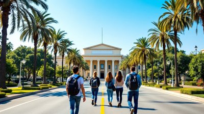 Young job applicants seen from behind walking down a palm-lined avenue toward a cream colonnaded government building