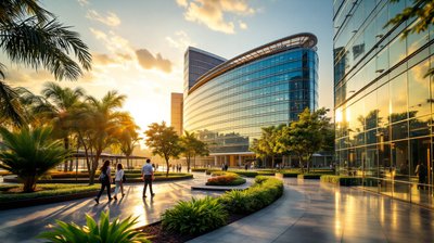 A glass technology campus in Bengaluru at golden hour with professionals walking far away