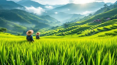 Green terraced rice paddies in the Philippine highlands with two farmers in wide hats far away