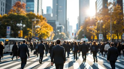 Office workers in suits seen from behind crossing a busy Tokyo street on an autumn morning
