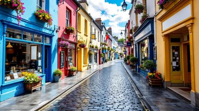 A colourful Irish town main street with painted shopfronts and flower baskets on a sunny morning
