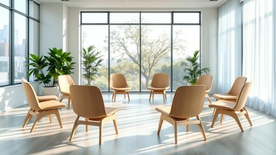 An empty bright meeting room with a ring of light wood chairs and large windows