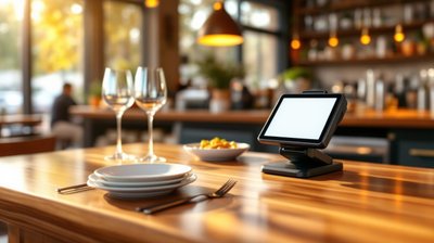 A polished wooden restaurant bar counter with plates, wine glasses and a card payment terminal