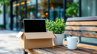 A packed cardboard box with a laptop, plant and mug on a bench outside a glass office building