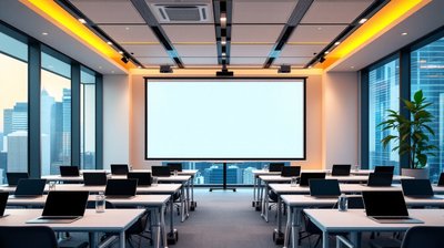 A modern training room with rows of desks and laptops overlooking the Singapore skyline