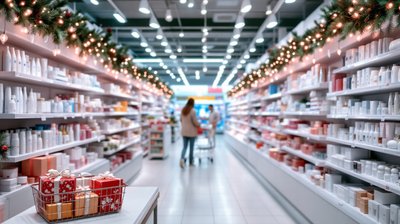 A bright health and beauty shop aisle decorated for Christmas with gift sets on the shelves and shoppers far away