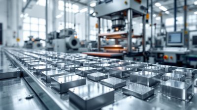 Rows of square metal heat spreader lids on a production line in a bright semiconductor materials factory