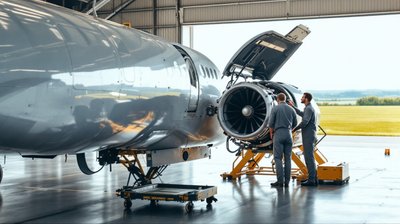 Two aircraft mechanics in grey overalls inspecting an open jet engine inside a bright maintenance hangar