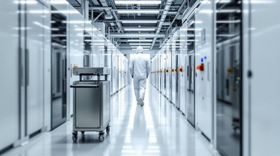 A bright semiconductor cleanroom corridor with white processing machines and a technician seen from behind