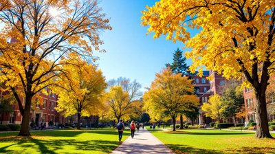 Students with backpacks walking across a sunny university campus quad with autumn trees and brick buildings