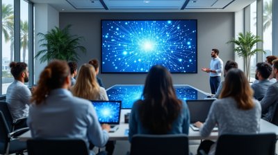 Employees in casual clothes at laptops in an AI training session, facing a screen with a glowing network graphic