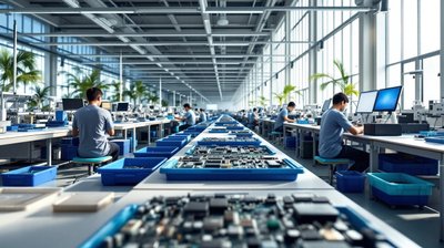 Workers in casual t-shirts seen from behind at circuit board workbenches on a bright electronics assembly floor with palm trees outside