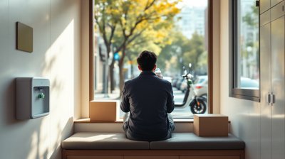 A delivery rider seen from behind resting on a bench inside a rider rest station with an electric scooter parked outside the window