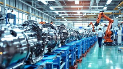 Hybrid transmission housings on a blue assembly line with orange robot arms and a technician far down the line