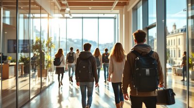 Young graduates seen from behind walking through a sunlit open-plan tech office in Dublin on their first day