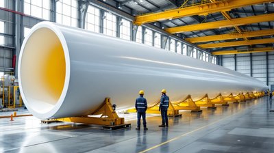 A long white wind turbine blade on yellow cradles in a blade factory with two workers in hard hats beside it for scale