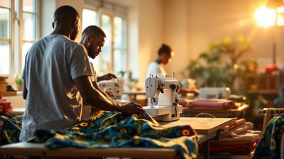 A tailor seen from behind setting a new sewing machine on a worktable beside colourful ankara fabric in a sunlit Lagos workshop