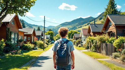 A teenager with a backpack seen from behind walking down a sunny residential street in a New Zealand town with green hills