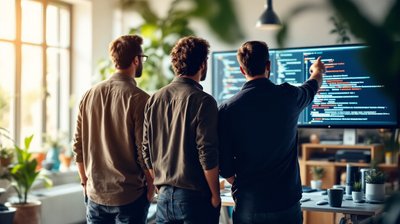 Three software engineers in casual clothes seen from behind reviewing code together on a large monitor