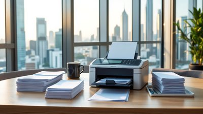 A stack of paper forms beside a document scanner on an office desk with the Bangkok skyline outside